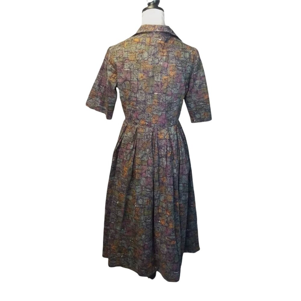 Vintage 1950s Abstract Pollock Print Day Dress, Atomic MCM Midcentury Shirtwaist - Picture 5 of 11